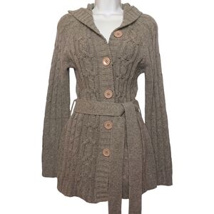 FOREVER 21 Lambs Wool Cable Knit Button Front Long Sleeve Hooded Sweater L NWT